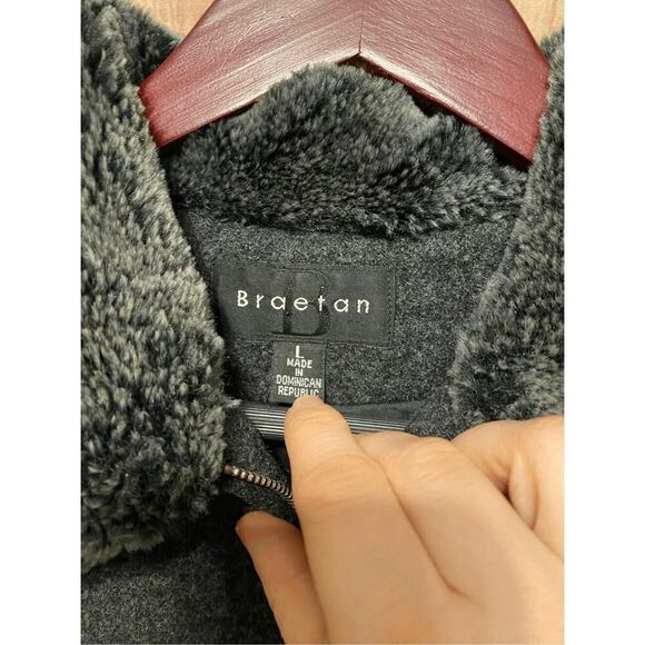 Braetan Large grey wool pea coat womens faux fur collar - Picture 6 of 9